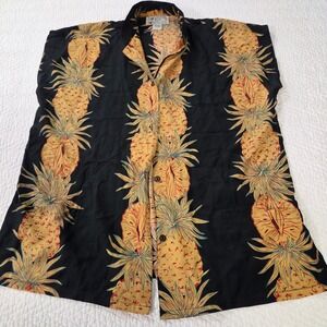 Avanti Silk Hawaiian Shirt Mens Large Black Pineapple Border Print Aloha Button
